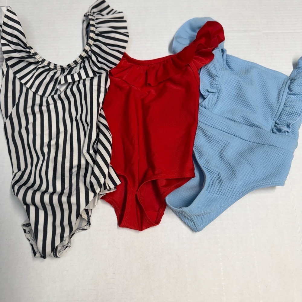 Baby Girl 12 m Black and White Striped, Red Ruffle & Blue Ribbon Swim One Piece - Picture 2 of 10